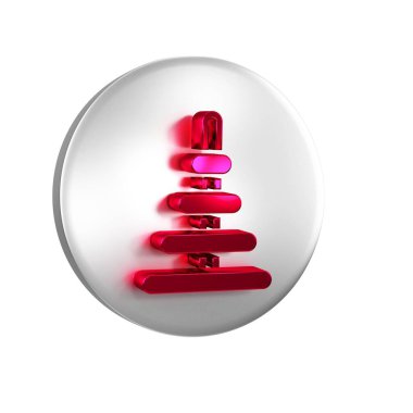 Kırmızı Piramit oyuncak simgesi şeffaf arkaplanda izole edildi. Gümüş daire düğmesi..