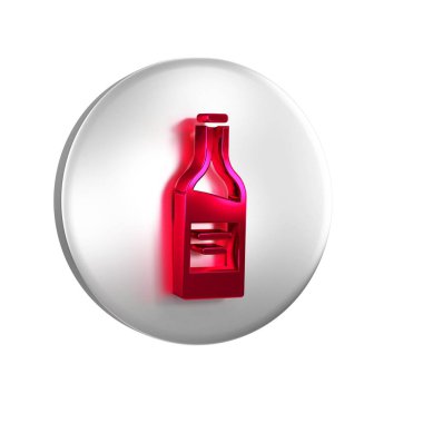 Şeffaf arkaplanda kırmızı şarap ikonu izole edilmiş. Gümüş daire düğmesi.