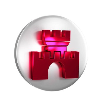 Kırmızı Kale simgesi şeffaf arkaplanda izole edildi. Kulesi olan bir ortaçağ kalesi. Düşmanlardan koruma. Şehrin güvenilirliği ve savunması. Gümüş daire düğmesi.