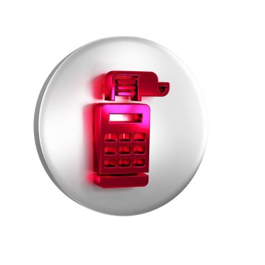 Şeffaf arkaplanda izole edilmiş bir çek simgesi olan kırmızı kasiyer. Kasiyer tabelası. Tabut sembolü. Gümüş daire düğmesi.