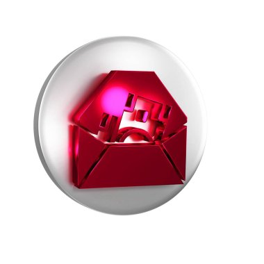 Kırmızı Zarf, saydam arkaplanda izole edilmiş madeni para sembolü simgesi. Maaş zammı, maaş bordrosu, tazminat geliri. Gümüş daire düğmesi.