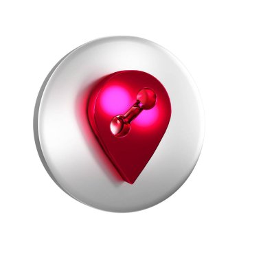 Kırmızı konum jimnastik salonu simgesi şeffaf arkaplanda izole edildi. Gümüş daire düğmesi.