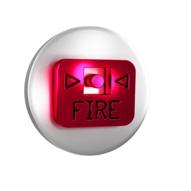 Kırmızı Yangın Alarm Sistemi simgesi şeffaf arkaplanda izole edildi. Yangın güvenlik kutusunu çek. Gümüş daire düğmesi.