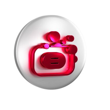 Şeffaf arkaplanda kırmızı sabun simgesi izole edildi. Köpüklü sabun çubuğu. Gümüş daire düğmesi.