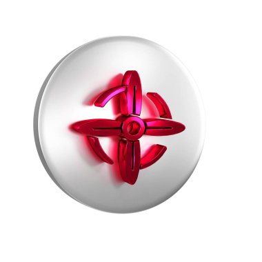 Kırmızı Rüzgar türbini simgesi şeffaf arkaplanda izole edildi. Rüzgar jeneratörü işareti. Elektrik üretimi için yel değirmeni. Gümüş daire düğmesi.