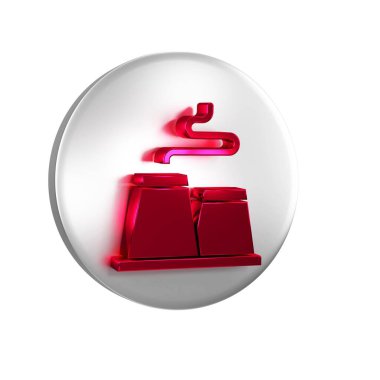 Kırmızı Fabrika simgesi şeffaf arkaplanda izole edildi. Endüstriyel bina. Gümüş daire düğmesi.