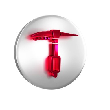 Kırmızı Buz Baltası simgesi şeffaf arkaplanda izole edildi. Tırmanma ekipmanları. Gümüş daire düğmesi.