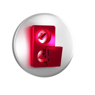 Kırmızı haplar şeffaf arkaplanda izole edilmiş. İlaç paketi. Tablet, vitamin, antibiyotik, aspirin. Gümüş daire düğmesi.