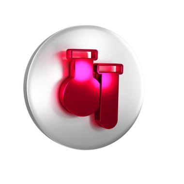 Kırmızı test tüpü ve kimyasal test ikonu şeffaf arka planda izole edildi. Laboratuvar cam levhası. Gümüş daire düğmesi.