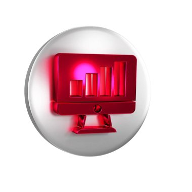 Grafik çizelgesi simgesi olan kırmızı bilgisayar monitörü şeffaf arkaplanda izole edildi. Metin dosyasını rapor et. Muhasebe tabelası. Denetim, analiz, planlama. Gümüş daire düğmesi.