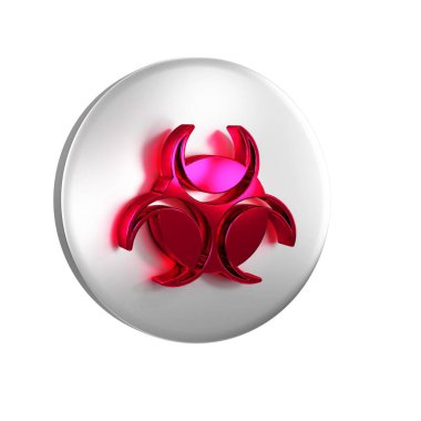 Kırmızı Biyolojik Tehlike sembolü simgesi şeffaf arkaplanda izole edildi. Gümüş daire düğmesi.