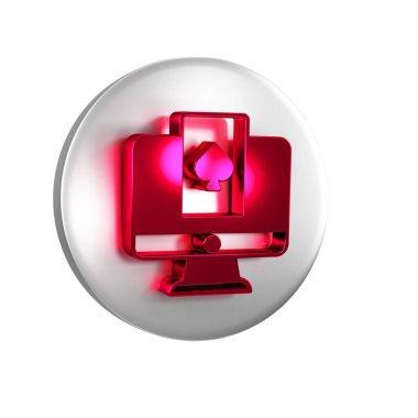 Kırmızı Online poker masası simgesi şeffaf arkaplanda izole edildi. İnternetteki kumarhane. Gümüş daire düğmesi.