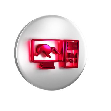 Kırmızı Fotoğraf rötuşlama simgesi şeffaf arkaplanda izole edildi. Fotoğrafçı, fotoğrafçılık, rötuş ikonu. Gümüş daire düğmesi.