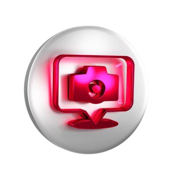 Kırmızı Fotoğraf Makinesi simgesi şeffaf arkaplanda izole edildi. Foto kamera. Dijital fotoğrafçılık. Gümüş daire düğmesi.