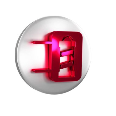 Kırmızı Klasik berber dükkânı ikonu şeffaf arka planda izole edilmiş. Berber dükkanı direği sembolü. Gümüş daire düğmesi.