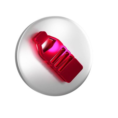 Şeffaf arkaplanda kırmızı bir şişe ikon izole edilmiş. Soda su içme tabelası. Gümüş daire düğmesi.