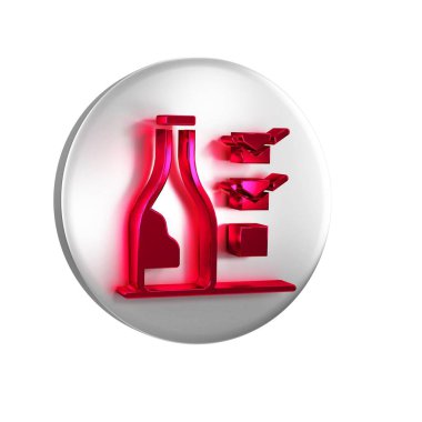 Şeffaf arkaplanda kırmızı şarap ikonu izole edilmiş. Gümüş daire düğmesi.