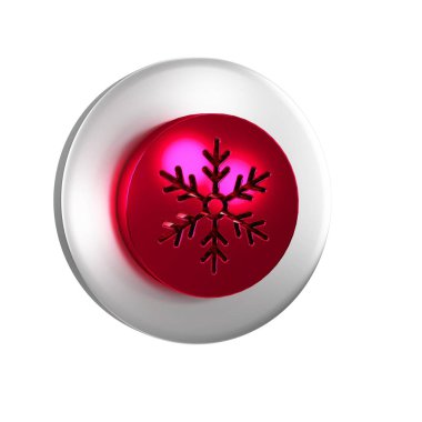 Kırmızı Kar Tanesi simgesi şeffaf arkaplanda izole edildi. Mutlu Noeller ve mutlu yıllar. Gümüş daire düğmesi.