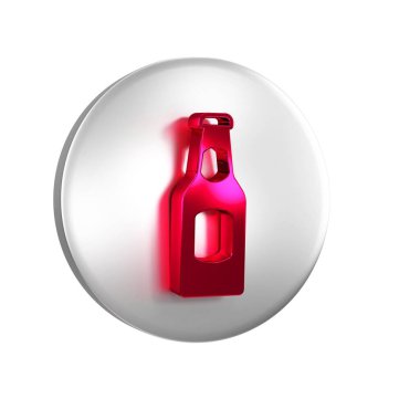 Kırmızı bira şişesi simgesi şeffaf arkaplanda izole edildi. Gümüş daire düğmesi.