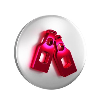 Kırmızı bira şişesi simgesi şeffaf arkaplanda izole edildi. Gümüş daire düğmesi.