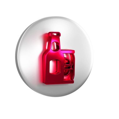 Kırmızı bira şişesi ve bira kutusu simgesi şeffaf arka planda izole edilmiş. Gümüş daire düğmesi.