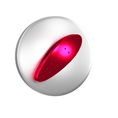 Kırmızı Uzuntahta ya da kaykay kruvazörü simgesi saydam arkaplanda izole edildi. Olağanüstü bir spor. Spor malzemeleri. Gümüş daire düğmesi.