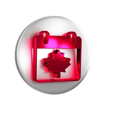 Kırmızı Kanada günü, şeffaf arkaplanda izole edilmiş akçaağaç yaprağı ikonu ile. 1 Temmuz Bağımsızlık Günü Kanada bayrağıyla takvimde. Gümüş daire düğmesi.