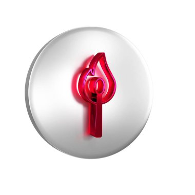 Kırmızı yakma kibriti ve şeffaf arkaplanda izole edilmiş ateş simgesi. Ateşle maç. Kibrit işareti. Gümüş daire düğmesi.