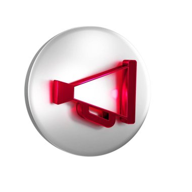 Kırmızı Megafon simgesi şeffaf arkaplanda izole edildi. Sözcü işareti. Gümüş daire düğmesi.