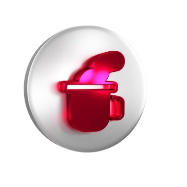 Şeffaf arkaplanda izole edilmiş kırmızı çay ikonu. Gümüş daire düğmesi.