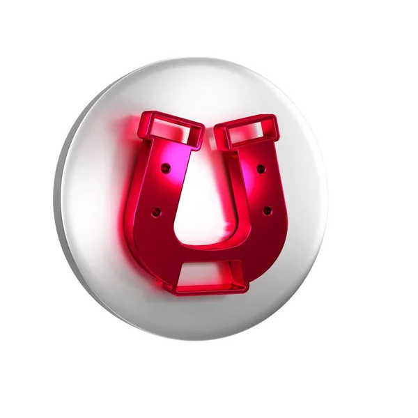 透明な背景で隔離された赤いホースシューアイコン シルバーサークルボタン — ストック写真