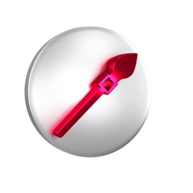 Kırmızı Ortaçağ mızrak simgesi şeffaf arkaplanda izole edildi. Ortaçağ silahı. Gümüş daire düğmesi.