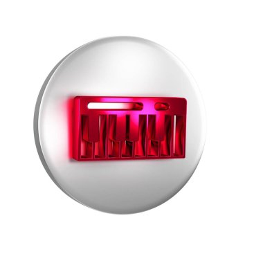 Kırmızı Müzik Sentezleyici simgesi şeffaf arkaplanda izole edildi. Elektronik piyano. Gümüş daire düğmesi.