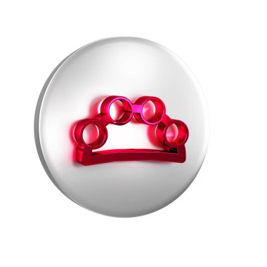 Kırmızı müzik aleti perküsyon tef, metal plaka simgesi şeffaf arkaplanda izole edilmiş. Gümüş daire düğmesi.