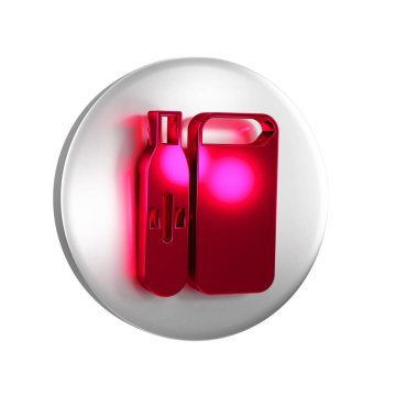 Kırmızı Elektronik sigara ikonu şeffaf arkaplanda izole edildi. Tüttürme aleti. Buharlaştırıcı Cihaz. Gümüş daire düğmesi.