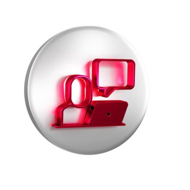 Kırmızı Freelancer simgesi şeffaf arkaplanda izole edildi. Evinde dizüstü bilgisayarla çalışan serbest çalışan bir adam. Çevrimiçi iş, uzak iş kavramı. Gümüş daire düğmesi.