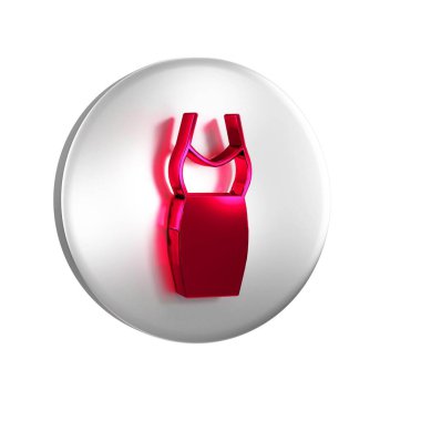 Kırmızı Kadın elbise ikonu şeffaf arkaplanda izole edildi. Kıyafet tabelası. Gümüş daire düğmesi.