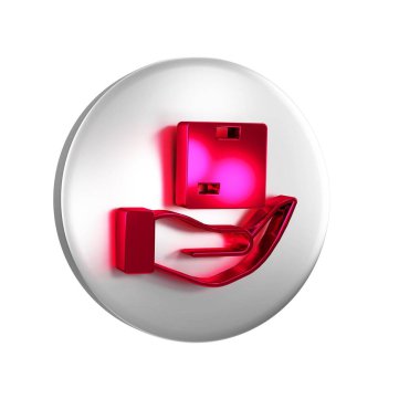 Kırmızı Teslimat sigorta ikonu şeffaf arkaplanda izole edildi. Kalkanın ötesinde sigorta kutuları var. Gümüş daire düğmesi.