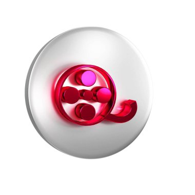 Kırmızı Film makarası simgesi şeffaf arkaplanda izole edildi. Gümüş daire düğmesi.