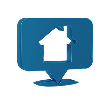 Şeffaf arkaplanda ev simgesi olan mavi harita işaretçisi. Ev konumu işaretleyici sembolü. .