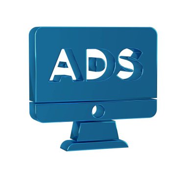 Mavi Reklam simgesi şeffaf arkaplanda izole edildi. Pazarlama ve tanıtım süreci kavramı. İlgili reklamlar. Sosyal medya reklamcılığı. .