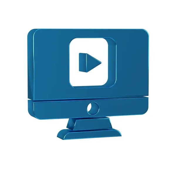 Blue Online play video icon isolated on transparent background. Computer monitor and film strip with play sign. .