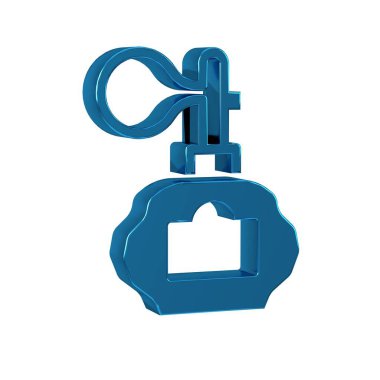 Atom simgesi olan mavi tıraş losyonu şişesi şeffaf arkaplanda izole edilmiş. Parfüm spreyi ikonu. Erkek parfüm şişesi.. .