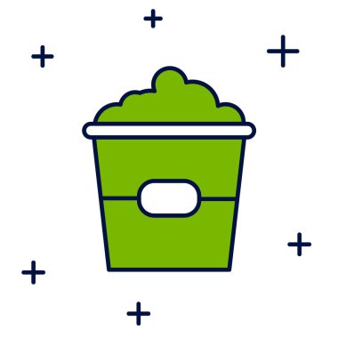 Beyaz arka planda izole edilmiş karton kutu simgesiyle doldurulmuş patlamış mısır. Patlamış mısır kutusu. Vektör