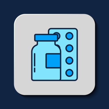 Doldurulmuş haplar mavi arka planda izole edilmiş su toplayıcı ikonu. İlaç paketi. Tablet, vitamin, antibiyotik, aspirin. Vektör