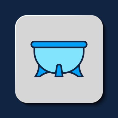 Mavi arka planda izole edilmiş ana hatlı cadılar bayramı cadı kazanı ikonu. Mutlu Cadılar Bayramı Partisi. Vektör