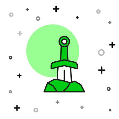 Beyaz arkaplanda izole edilmiş taş ikonundaki ana hatlı kılıç. Taştaki kılıç Excalibur, Arthur efsanelerinden. Vektör