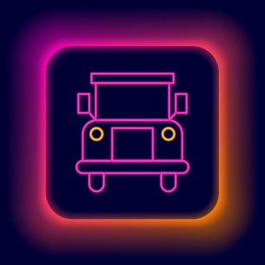 Parlayan neon hattı okul servisi simgesi siyah arkaplanda izole edildi. Toplu taşıma sembolü. Renkli taslak konsepti. Vektör