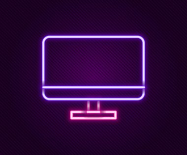 Parlayan neon hattı Bilgisayar monitörü simgesi siyah arkaplanda izole edildi. Elektronik cihaz. Ön manzara. Renkli taslak konsepti. Vektör