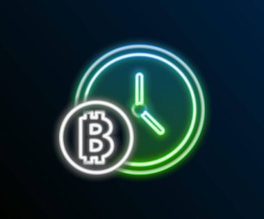 Siyah arkaplanda izole edilmiş saat simgesiyle parlayan neon hattı kripto para Bitcoin. Madeni para. Engelleme zinciri tabanlı şifreli para birimi. Renkli taslak konsepti. Vektör